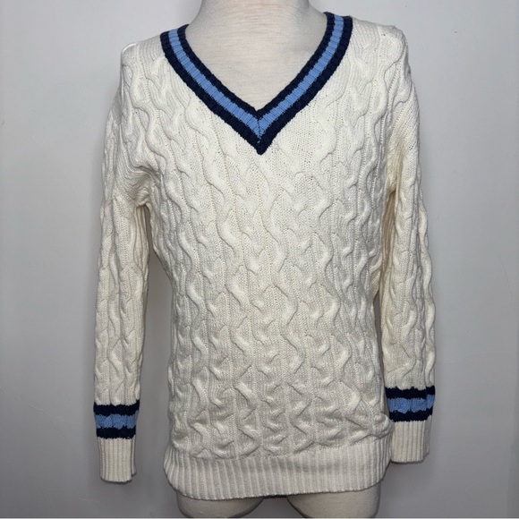 American Eagle Sweater Men's XS Ivory Blue Tennis Varsity Cable Knit Preppy - Picture 1 of 11
